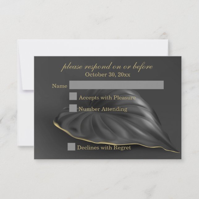 Black Tropical Leaf Gold Trim RSVP (Front)