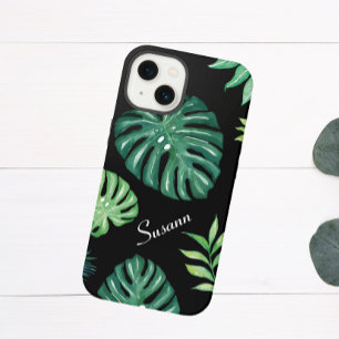 Black Tropical Leaf Motif iPhone 14 Coque
