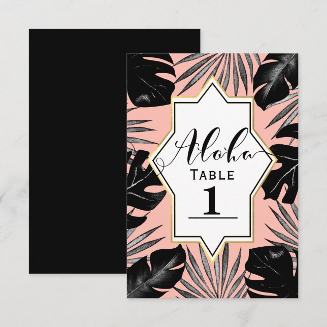 Black Tropical Leaves & Coral Gold Table Number (Front/Back)