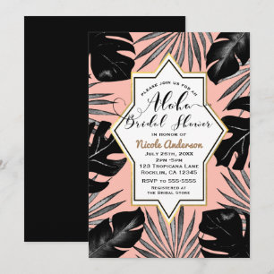 Black Tropical Leaves & Coral Peach Gold Bridal Invitation