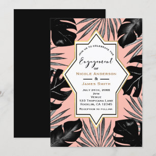 Black Tropical Leaves Coral Peach Gold Engagement Invitation