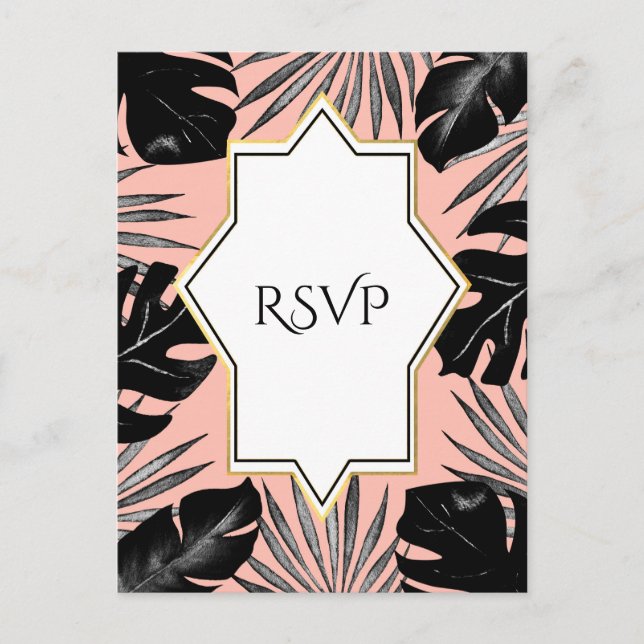 Black Tropical Leaves & Coral Peach Gold RSVP Invitation Postcard (Front)