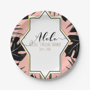 Black Tropical Leaves & Coral Peach Gold Wedding Paper Plate