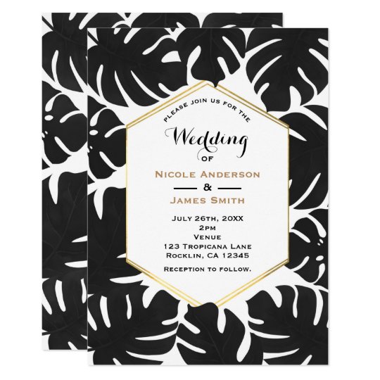Black Tropical Leaves White & Gold Chic Wedding Card