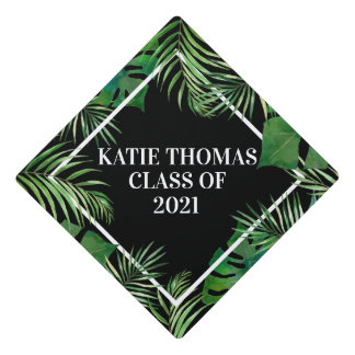Black Tropical Palm Leaf Botanical Monstera Leaf Graduation Cap Topper