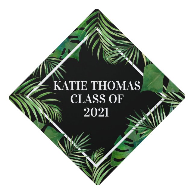Black Tropical Palm Leaf Botanical Monstera Leaf Graduation Cap Topper (Front)