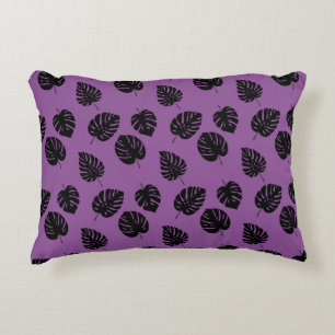 Black Tropical Palm Leaves Violet Summer Pattern Accent Pillow