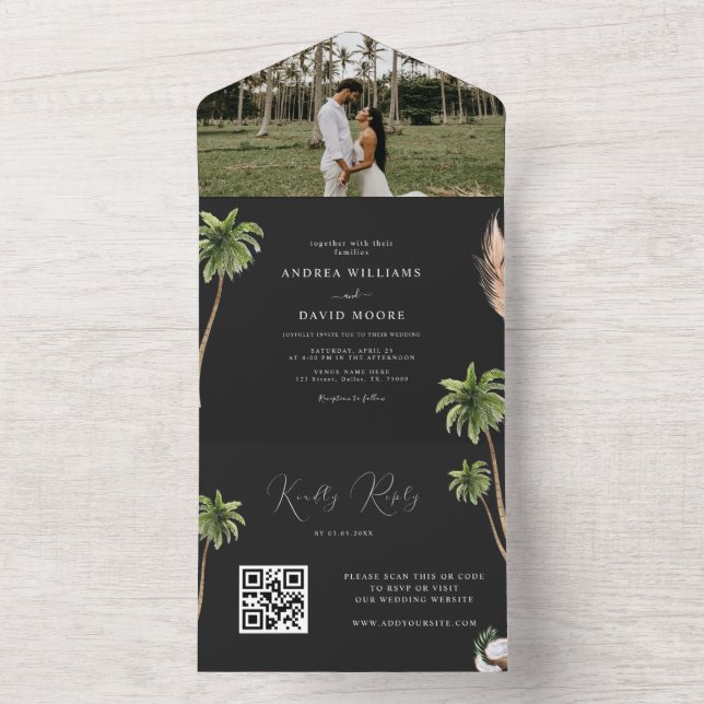 Black Tropical Palm Tree Photo QR Code Wedding All In One Invitation (Inside)