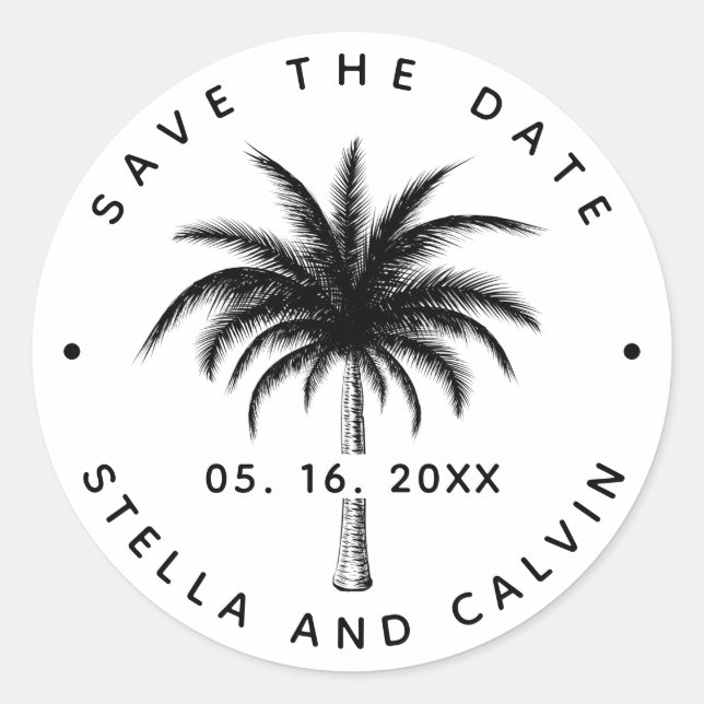 Black Tropical Palm Tree Save The Date Classic Rou Classic Round Sticker (Front)