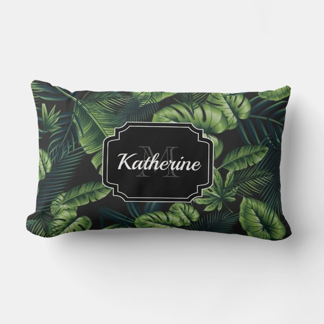 Black Tropical Pattern Lumbar Pillow (Front)