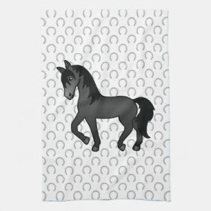 Black Trotting Horse Cute Cartoon Illustration Kitchen Towel