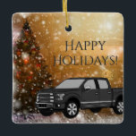Black Truck in Christmas Winter Snow Scene Ceramic Ornament<br><div class="desc">This warm ceramic ornament features a black truck in a Christmas winter snow scene with "Happy Holidays!" in black and grey text.  Personalize the back of this ornament with a name and year.</div>