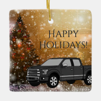 Black Truck in Christmas Winter Snow Scene Ceramic Ornament