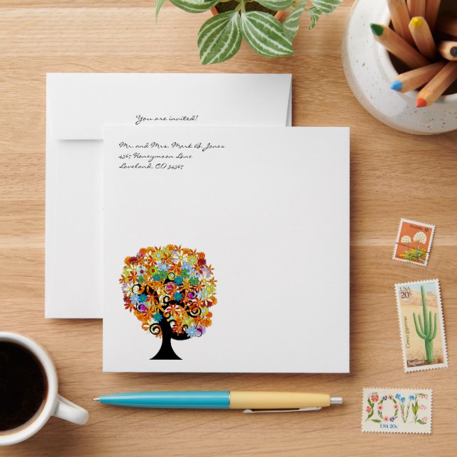 Black Trunk Flower Love Tree Wedding Envelopes (Desk)