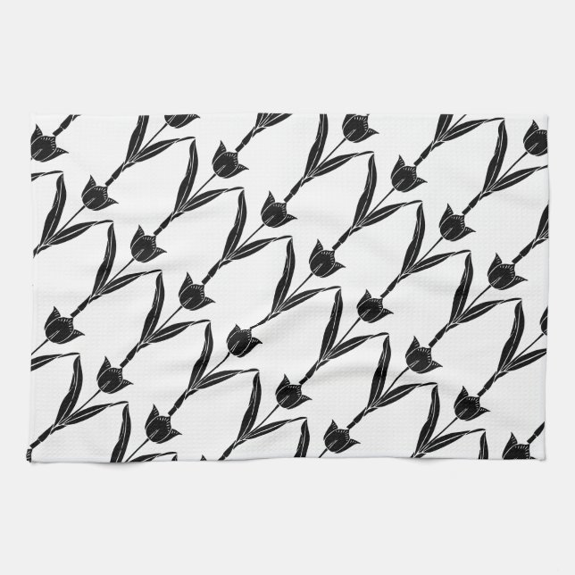 Black Tulip, Black and White, Flower, Floral Kitchen Towel (Horizontal)