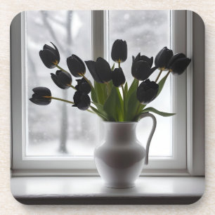 Black Tulips In White Vase Beside Frosty Window, Coaster