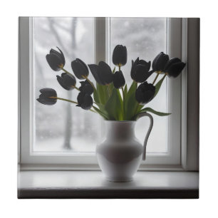 Black Tulips In White Vase Beside Frosty Window, Tile