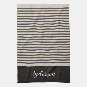 Black Turkish Stripes Monogram Farmhouse Kitchen Towel
