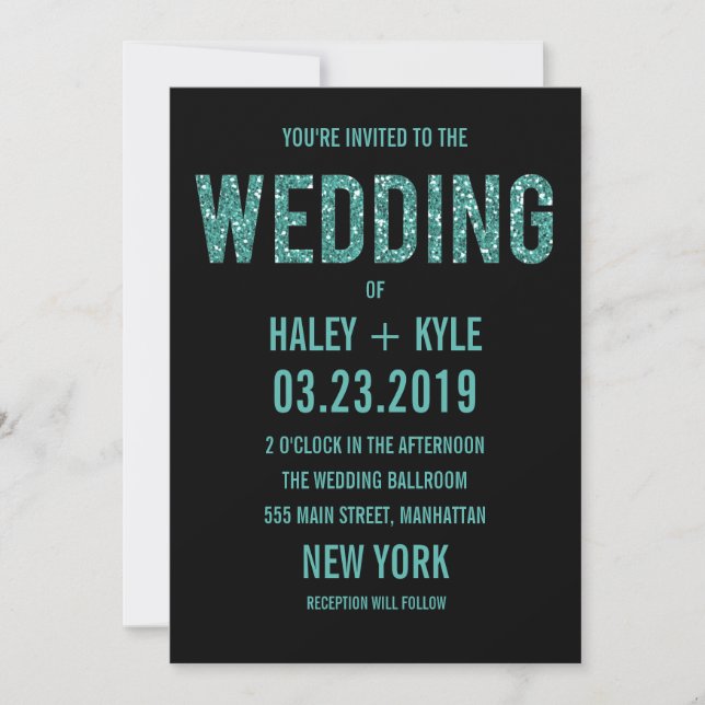 Black & Turquois Glitter Typography Wedding Invite (Front)