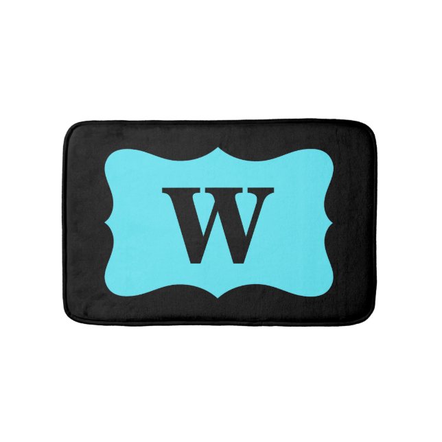 Black Turquoise Aqua Blue Monogram Initial Home Bath Mat (Front)