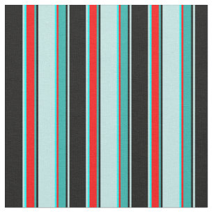 Black, Turquoise, Aqua, Red, Light Sea Green Lines Fabric