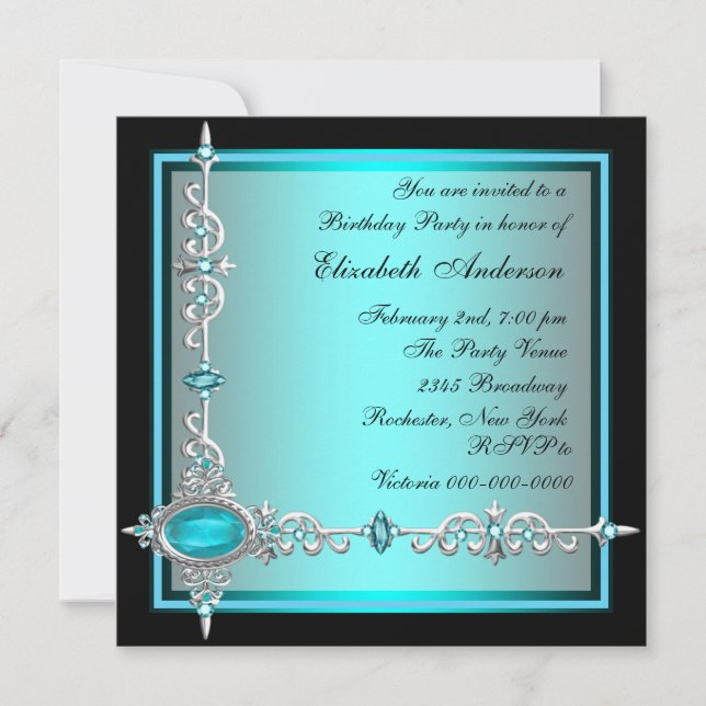 Black Turquoise Bleu Invitations de fête d'anniver (Devant)