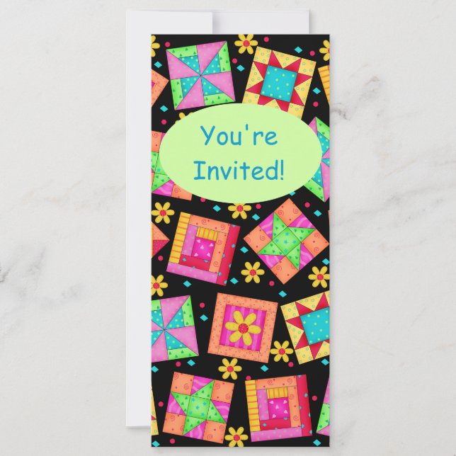 Black Turquoise Colourful Patchwork Quilt Block Ar Invitation (Front)