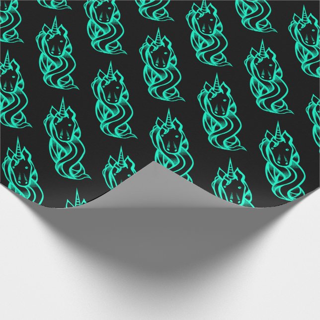 Black Turquoise Cute Unicorn Pattern Magical Wrapping Paper (Corner)