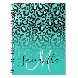 Black Turquoise Leopard Spots Ombre Monogram Notebook