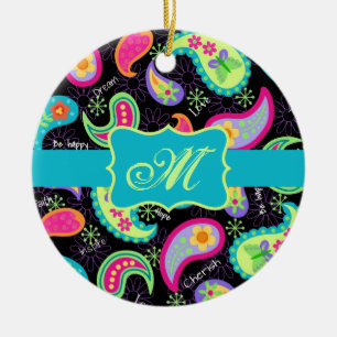 Black Turquoise Modern Paisley Pattern Monogram Ceramic Ornament