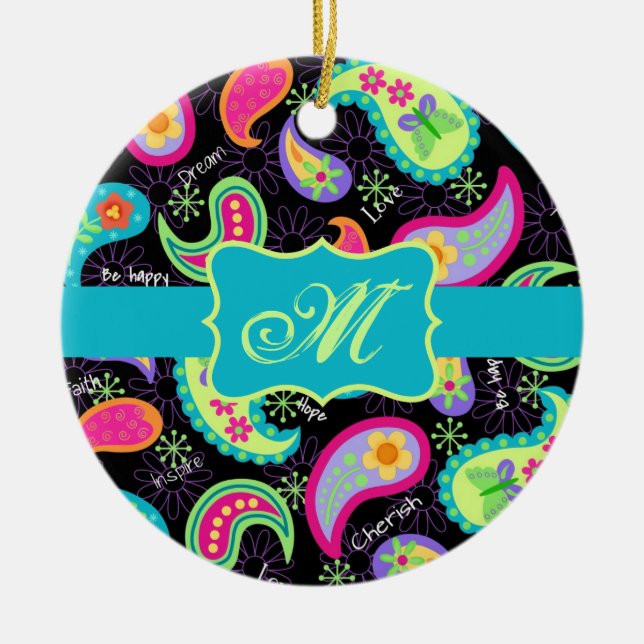 Black Turquoise Modern Paisley Pattern Monogram Ceramic Ornament (Front)