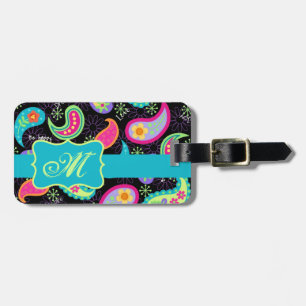 Black Turquoise Modern Paisley Pattern Monogram Luggage Tag