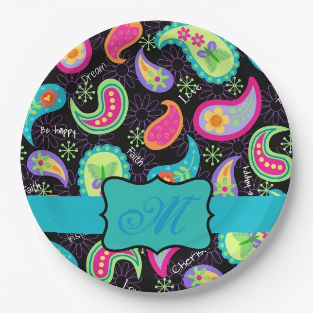 Black Turquoise Monogram Personalized Mod Paisley Paper Plate (Front)