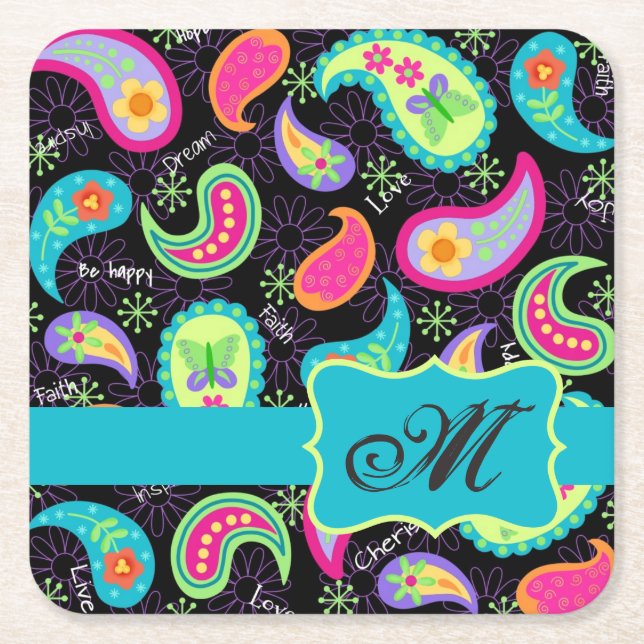 Black Turquoise Monogram Personalized Mod Paisley Square Paper Coaster (Front)