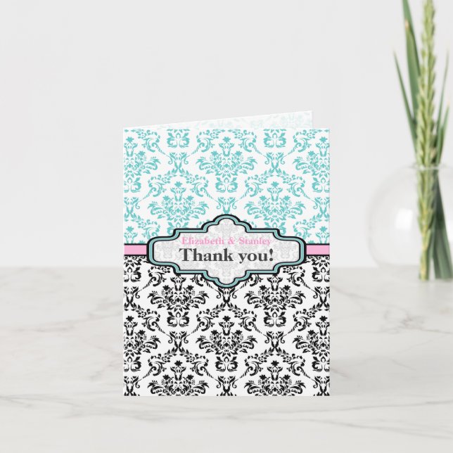 Black turquoise pink damask wedding Thank You (Front)