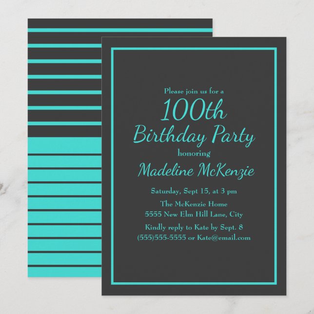 Black Turquoise Striped 100th Birthday Party Invitation (Front/Back)