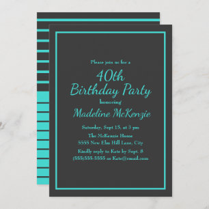 Black Turquoise Striped 40th Birthday Party Invitation