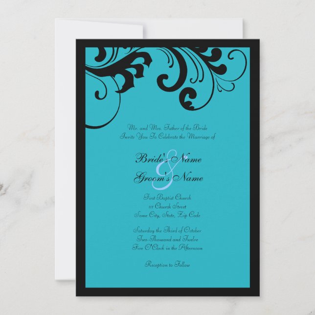 Black & Turquoise Swirls Frame Wedding Invitation (Front)