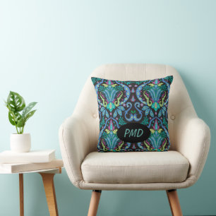 Black Turquoise Teal Modern Damask Floral Monogram Throw Pillow
