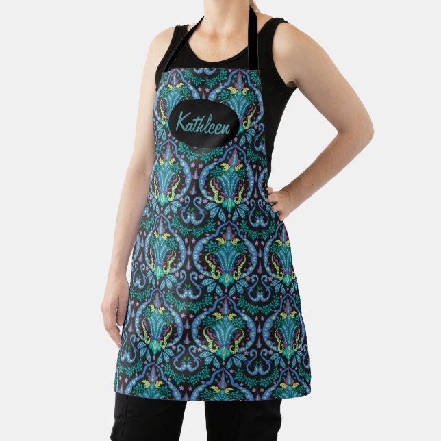 Black Turquoise Teal Modern Damask Floral Name  Apron (Insitu)