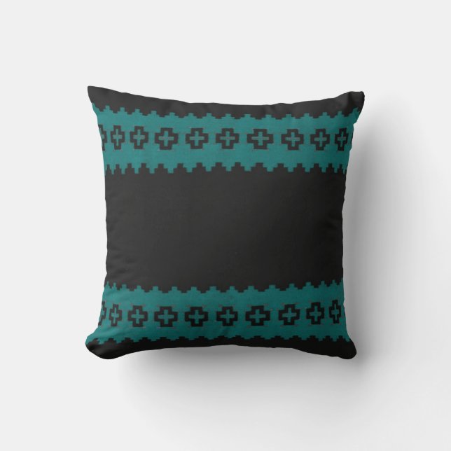 Black/Turquoise Vintage Print Throw Pillow (Front)