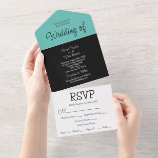 Black, Turquoise, White Minimalist Modern Wedding All In One Invitation