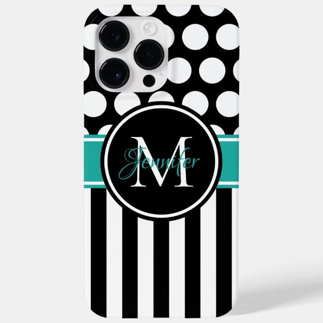 Black Turquoise White Stripe Polka Dot Monogram Case-Mate iPhone Case (Back)