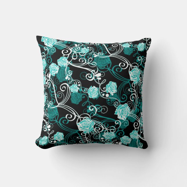 Black Turquoise & White Trendy Rose Pattern Throw Pillow (Front)