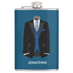 Black Tux with Blue Vest Personalize Wedding Hip Flask