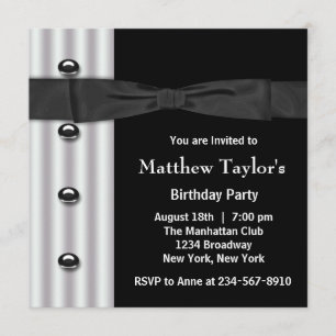 Black Tuxedo Black Bow Tie Mens Birthday Party Invitation