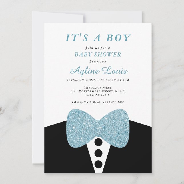 Black Tuxedo Blue Glitter Bow Tie Baby Boy Shower Invitation (Front)