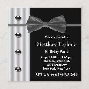 Black Tuxedo Bow Tie Mens Birthday Party Invitation