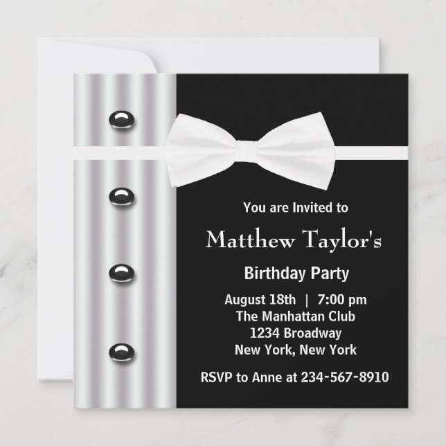 Black Tuxedo Bow Tie Mens Birthday Party Invitation (Front)