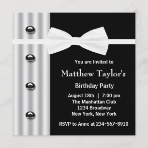 Black Tuxedo Bow Tie Mens Birthday Party Invitation